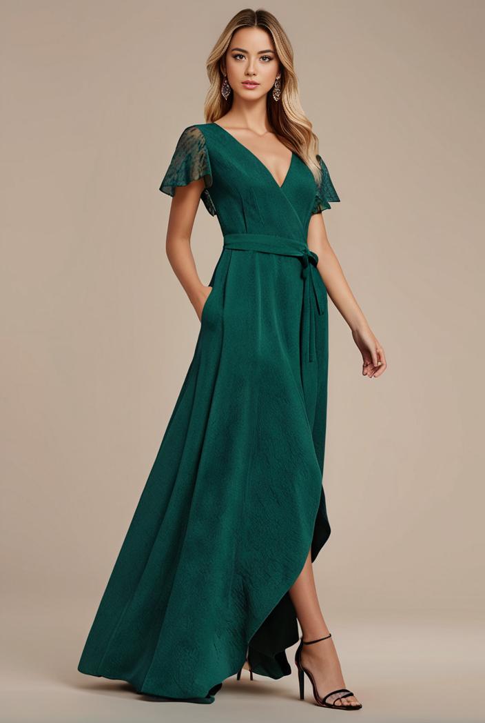glitter high low front side slit ruffled v neck evening dress 115641
