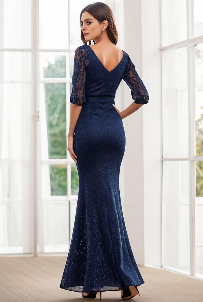 3 4 sleeve bodycon plunging back sequin evening dress 103113