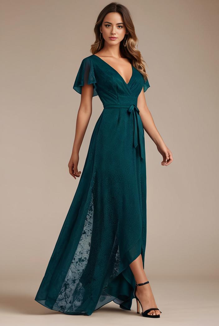 glitter high low front side slit ruffled v neck evening dress 115656