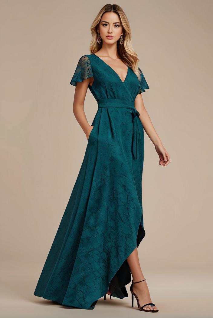 glitter high low front side slit ruffled v neck evening dress 115657