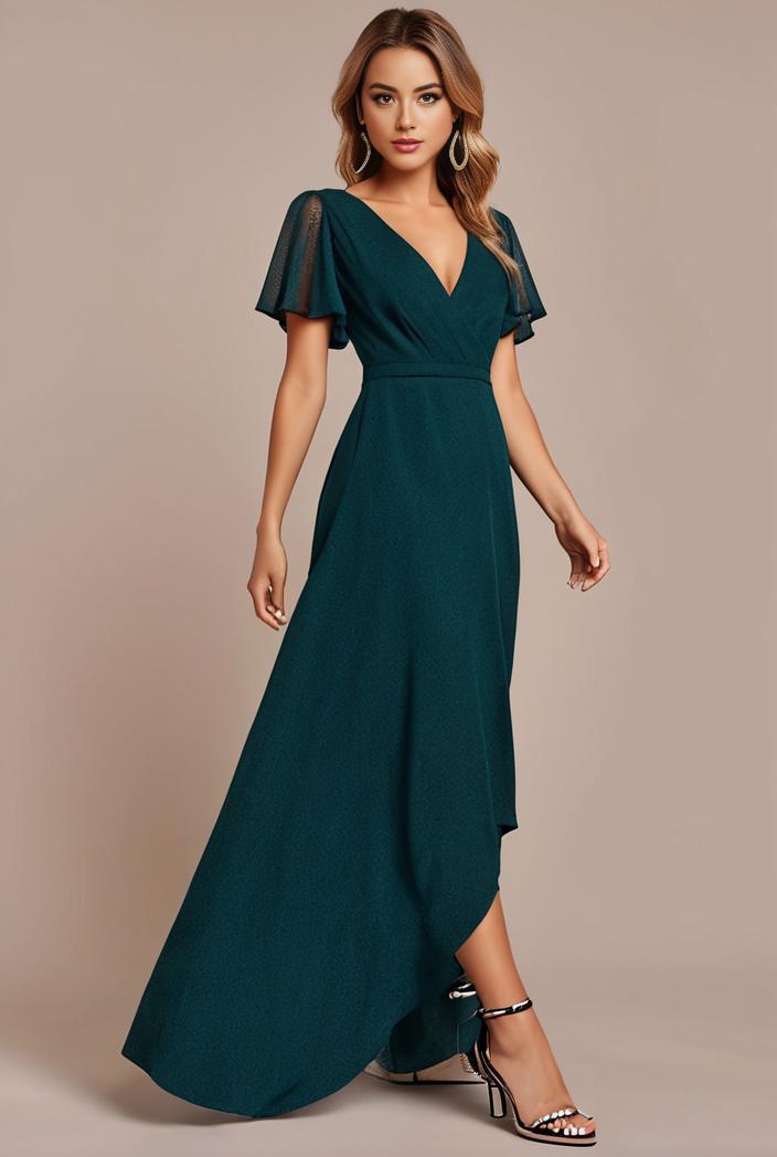 glitter high low front side slit ruffled v neck evening dress 115661