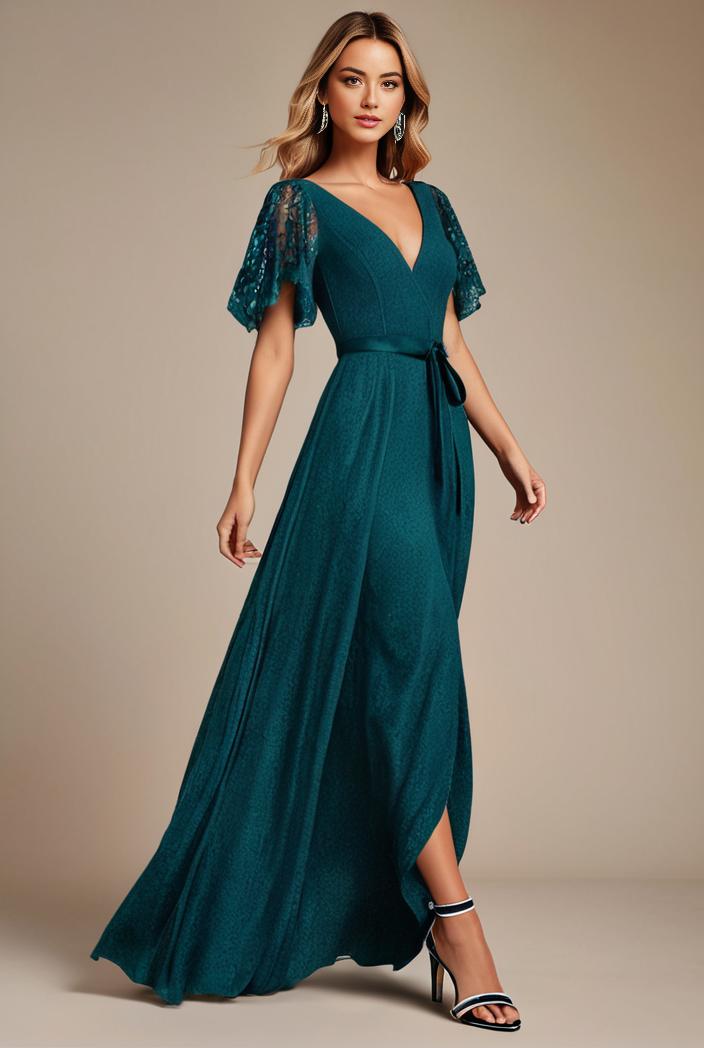 glitter high low front side slit ruffled v neck evening dress 115662
