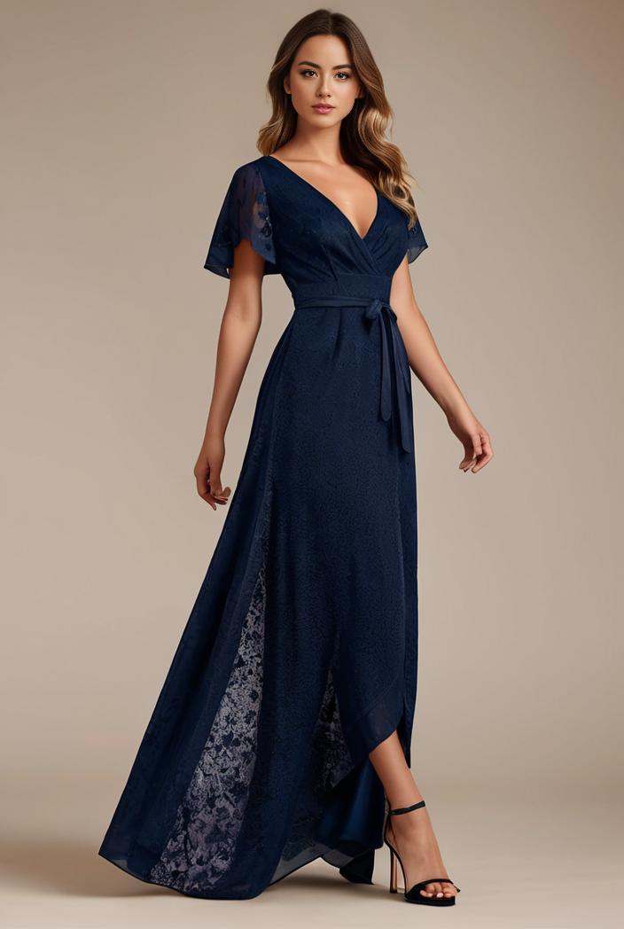 glitter high low front side slit ruffled v neck evening dress 115664