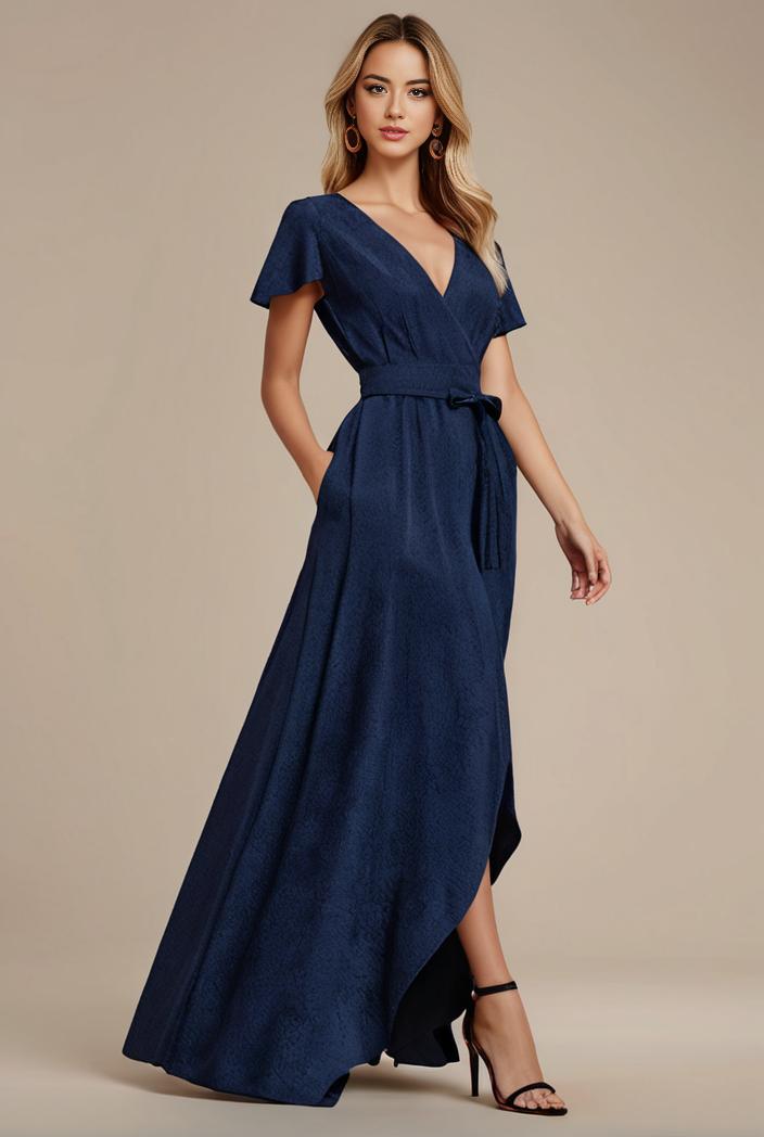 glitter high low front side slit ruffled v neck evening dress 115665