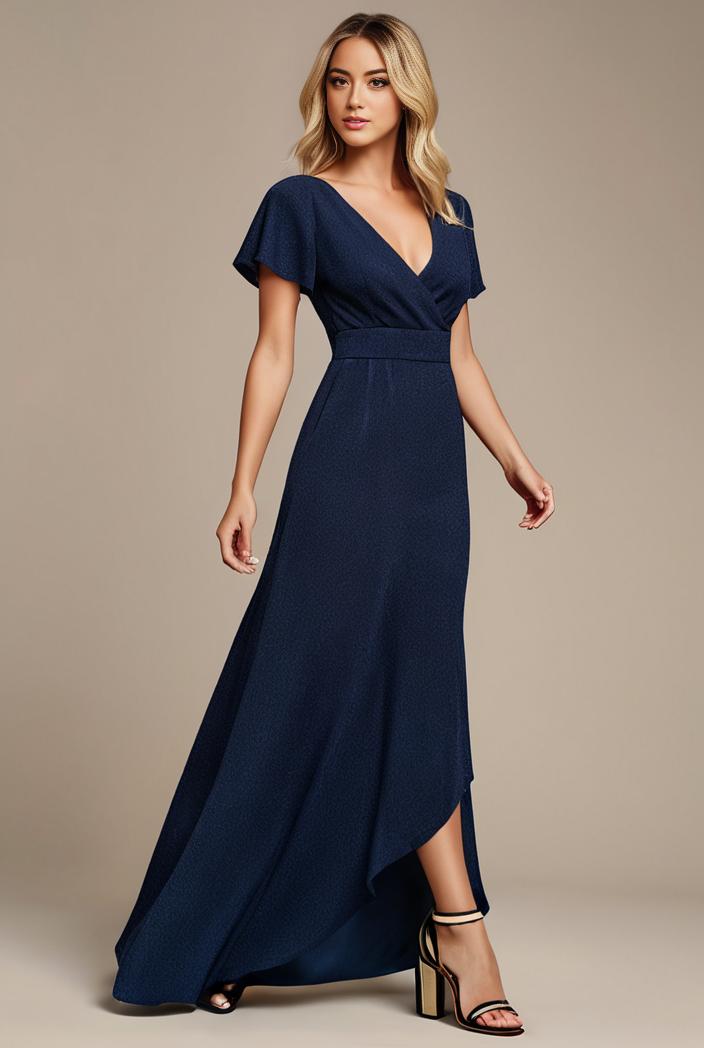glitter high low front side slit ruffled v neck evening dress 115666