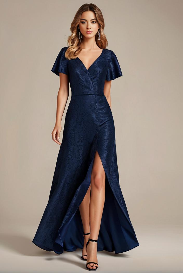 glitter high low front side slit ruffled v neck evening dress 115673