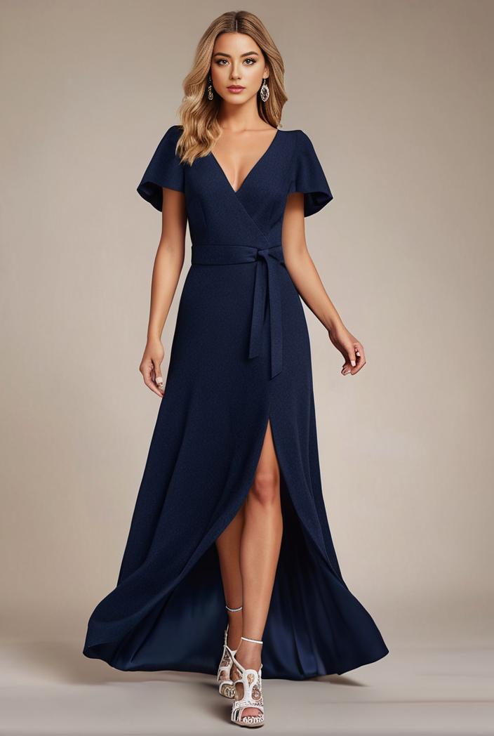 glitter high low front side slit ruffled v neck evening dress 115675