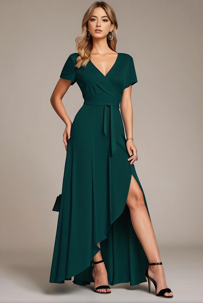 glitter high low front side slit ruffled v neck evening dress 115691