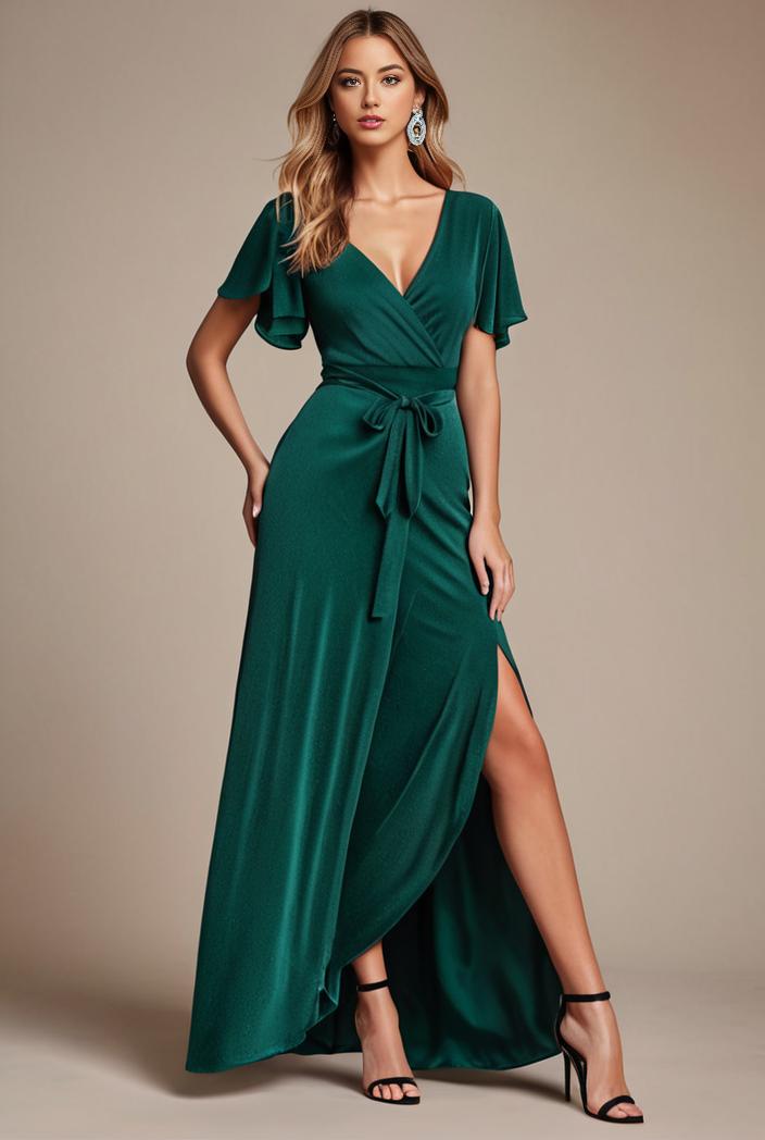 glitter high low front side slit ruffled v neck evening dress 115694