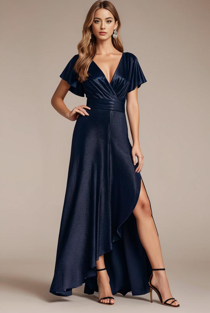 glitter high low front side slit ruffled v neck evening dress 115696