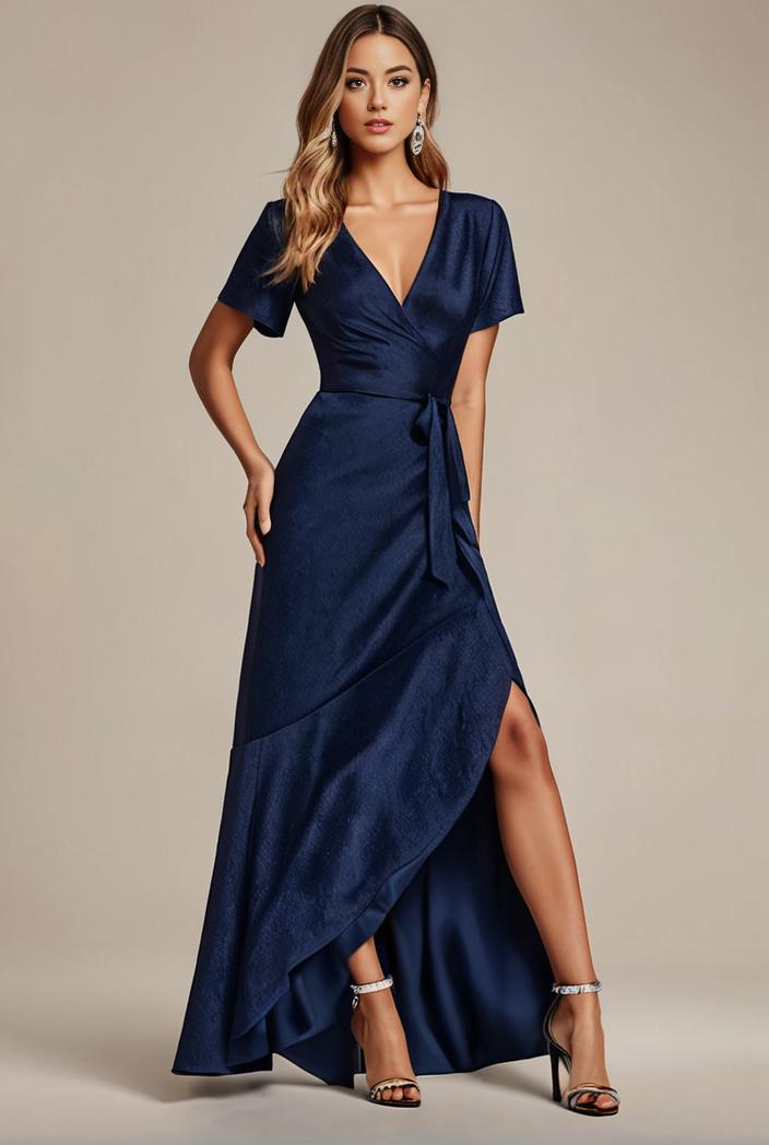 glitter high low front side slit ruffled v neck evening dress 115697