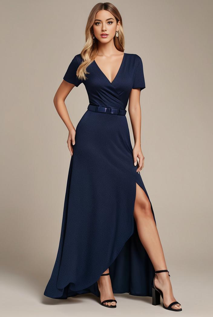 glitter high low front side slit ruffled v neck evening dress 115698