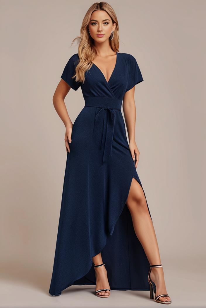 glitter high low front side slit ruffled v neck evening dress 115701