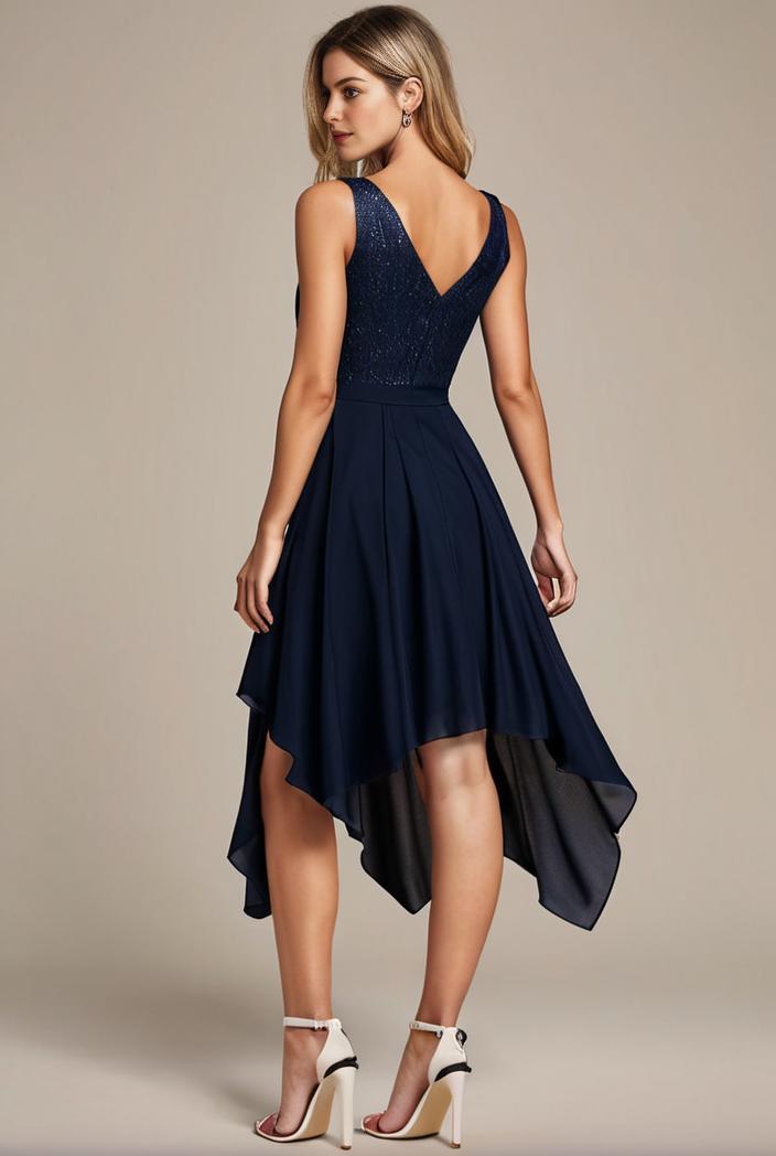 deep v neck lace chiffon bridesmaid dress with asymmetrical hem 104164