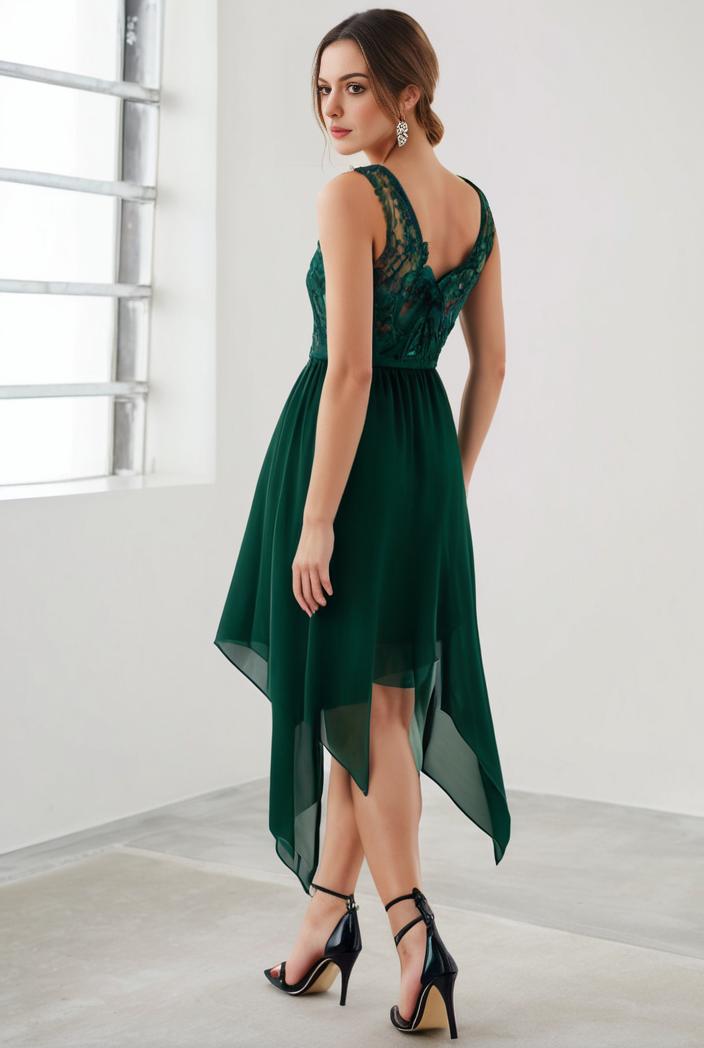 deep v neck lace chiffon bridesmaid dress with asymmetrical hem 104188