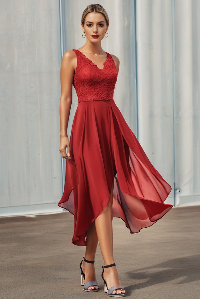 deep v neck lace chiffon bridesmaid dress with asymmetrical hem 104202