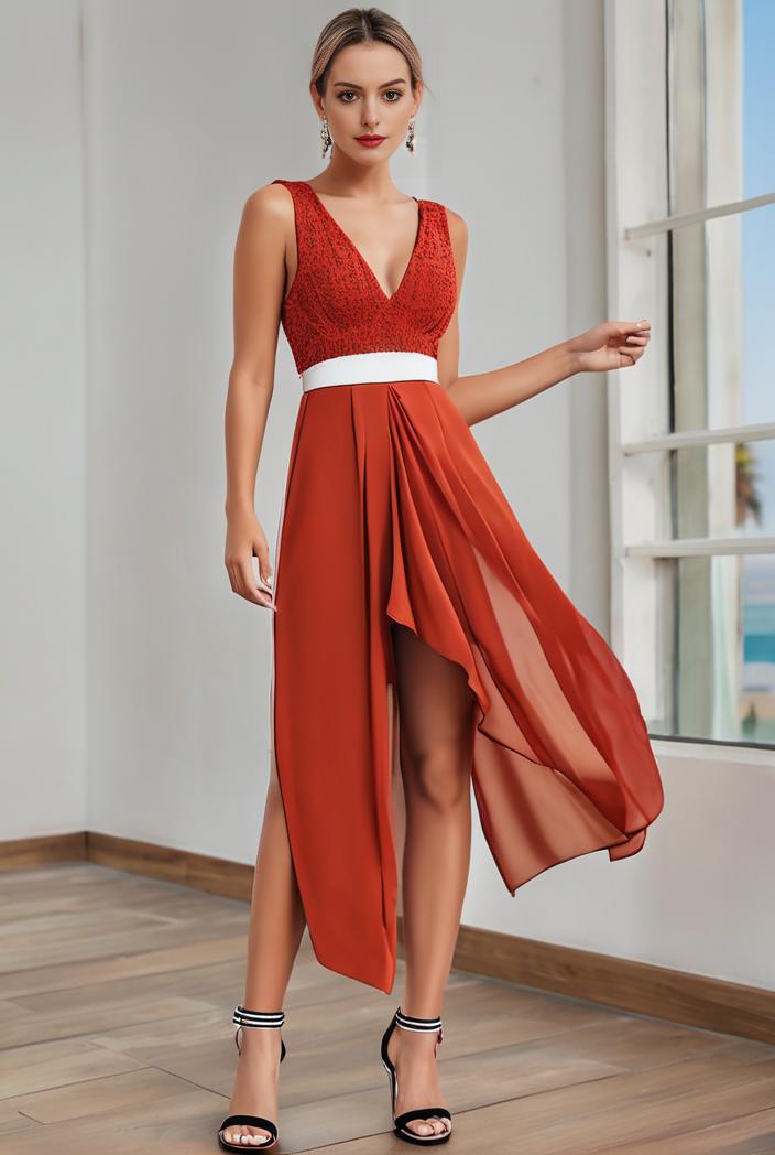 deep v neck lace chiffon bridesmaid dress with asymmetrical hem 104203
