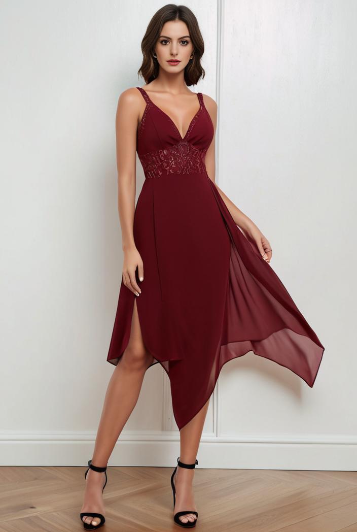 deep v neck lace chiffon bridesmaid dress with asymmetrical hem 104212
