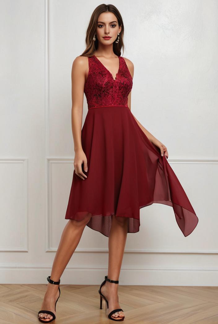 deep v neck lace chiffon bridesmaid dress with asymmetrical hem 104213