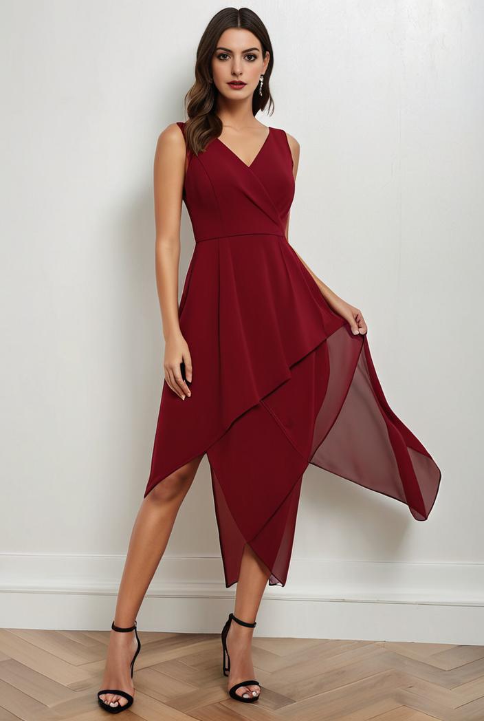 deep v neck lace chiffon bridesmaid dress with asymmetrical hem 104217