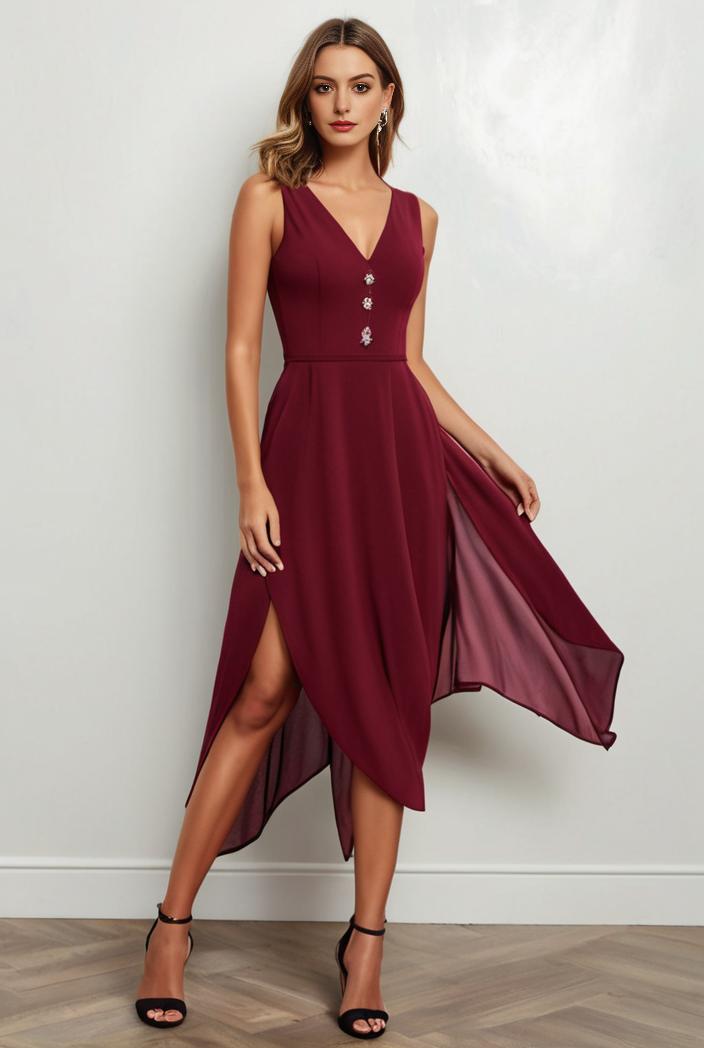 deep v neck lace chiffon bridesmaid dress with asymmetrical hem 104218