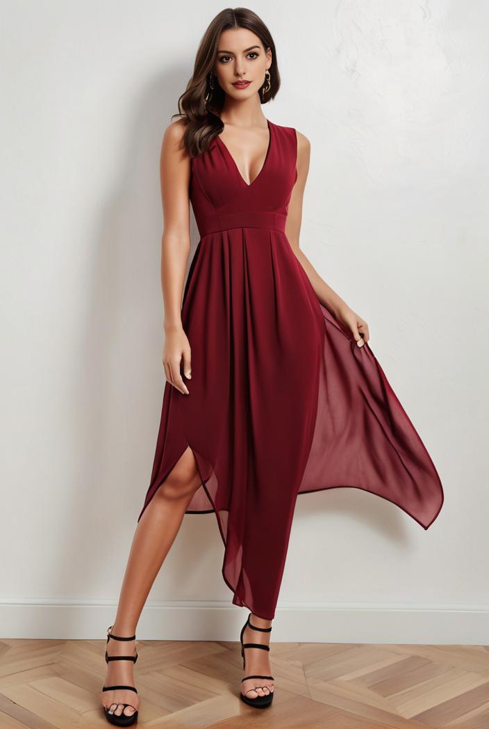 deep v neck lace chiffon bridesmaid dress with asymmetrical hem 104219