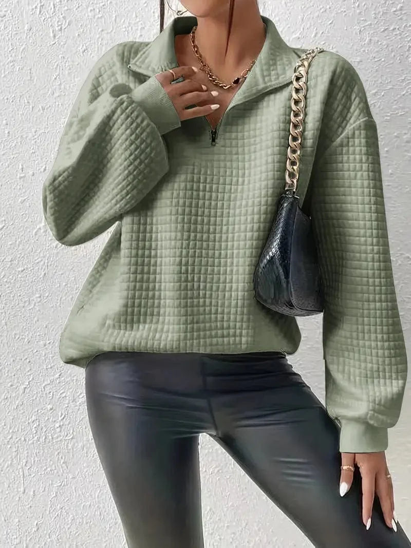 Waffle Grid Quarter Zip Pullover - Stylish Women's Fall & Winter Sweatshirt