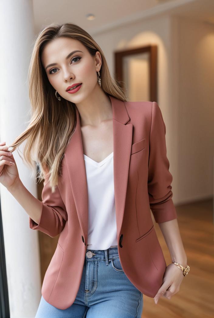 ladies solid button up blazer with long sleeves casual lapel design 101300