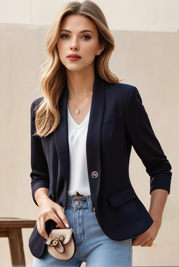 ladies solid button up blazer with long sleeves casual lapel design 101314