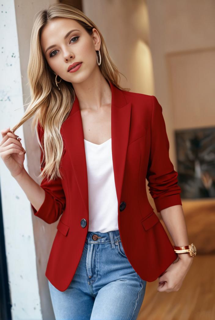 ladies solid button up blazer with long sleeves casual lapel design 101327