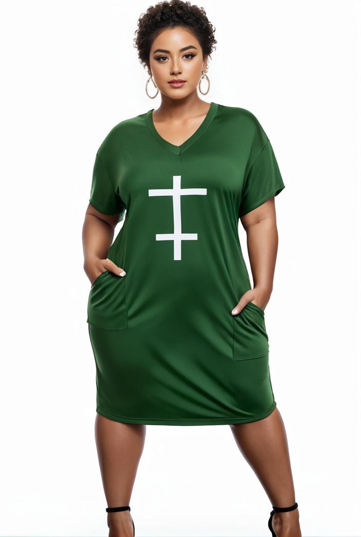 plus size faith letter print short sleeve midi dress with pockets women s plus slight stretch casual dress 118978