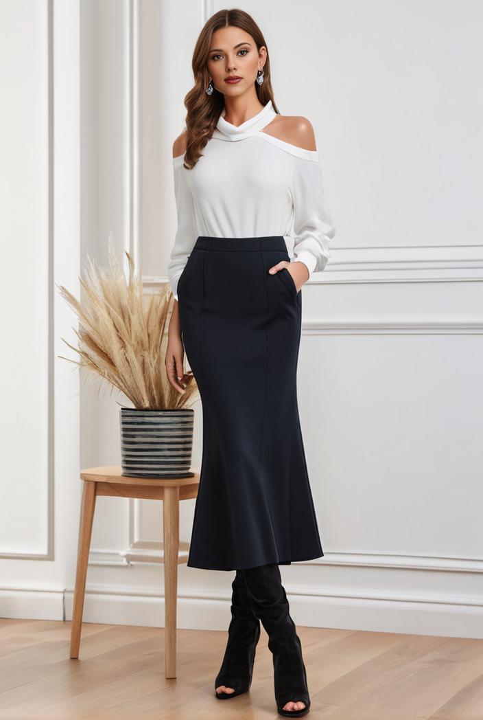 mermaid denim skirt with slant pockets stretch high waist women s denim midi skirt 102816