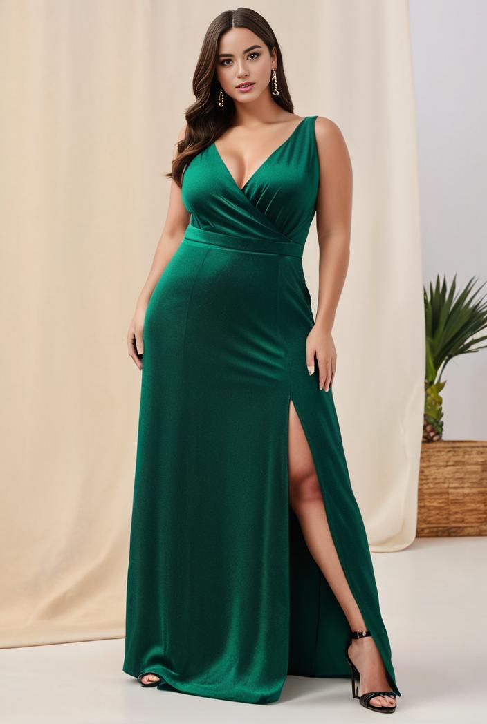 plus size shiny v neck side slit formal evening dress 120981