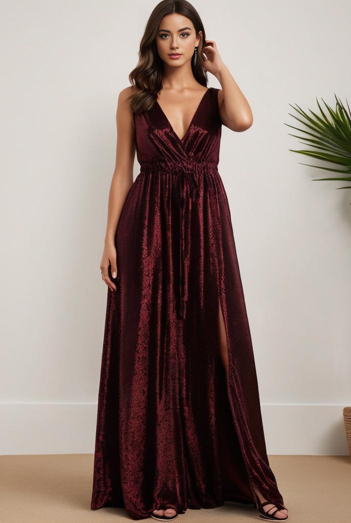 plus size shiny v neck side slit formal evening dress 120993