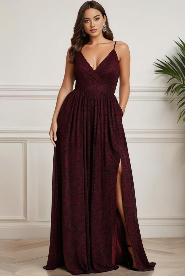 plus size shiny v neck side slit formal evening dress 120996