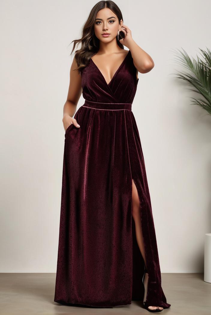 plus size shiny v neck side slit formal evening dress 120997