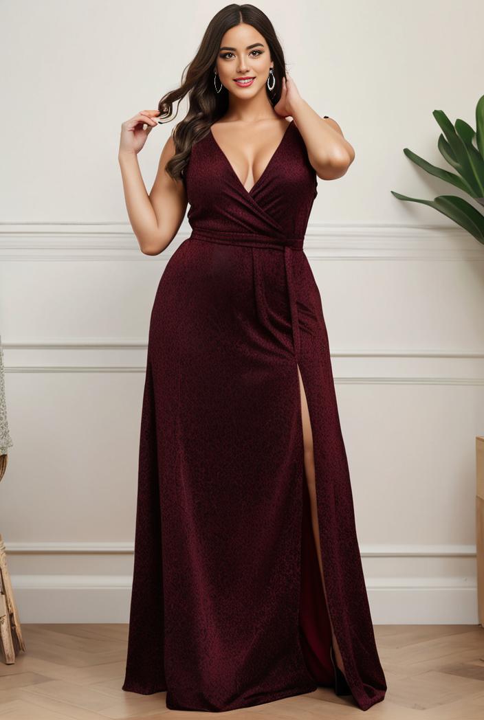 plus size shiny v neck side slit formal evening dress 120999