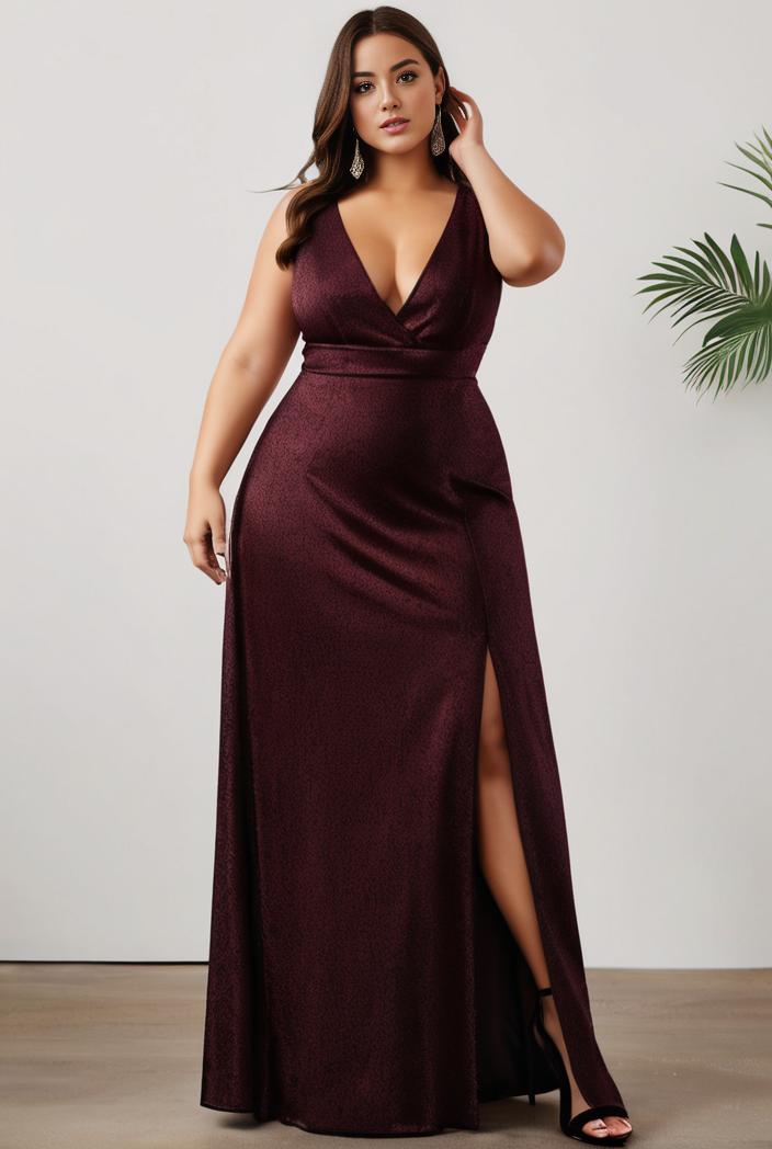 plus size shiny v neck side slit formal evening dress 121000