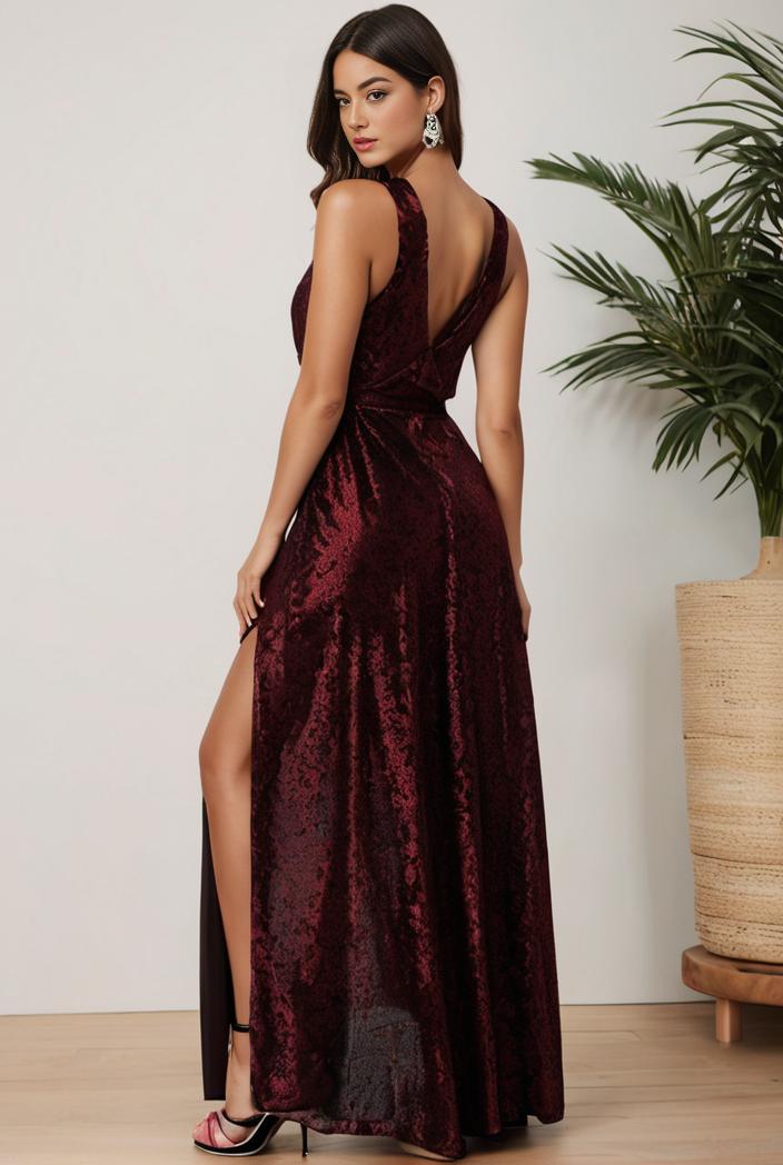 plus size shiny v neck side slit formal evening dress 121001