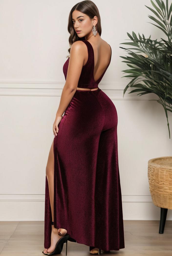 plus size shiny v neck side slit formal evening dress 121005