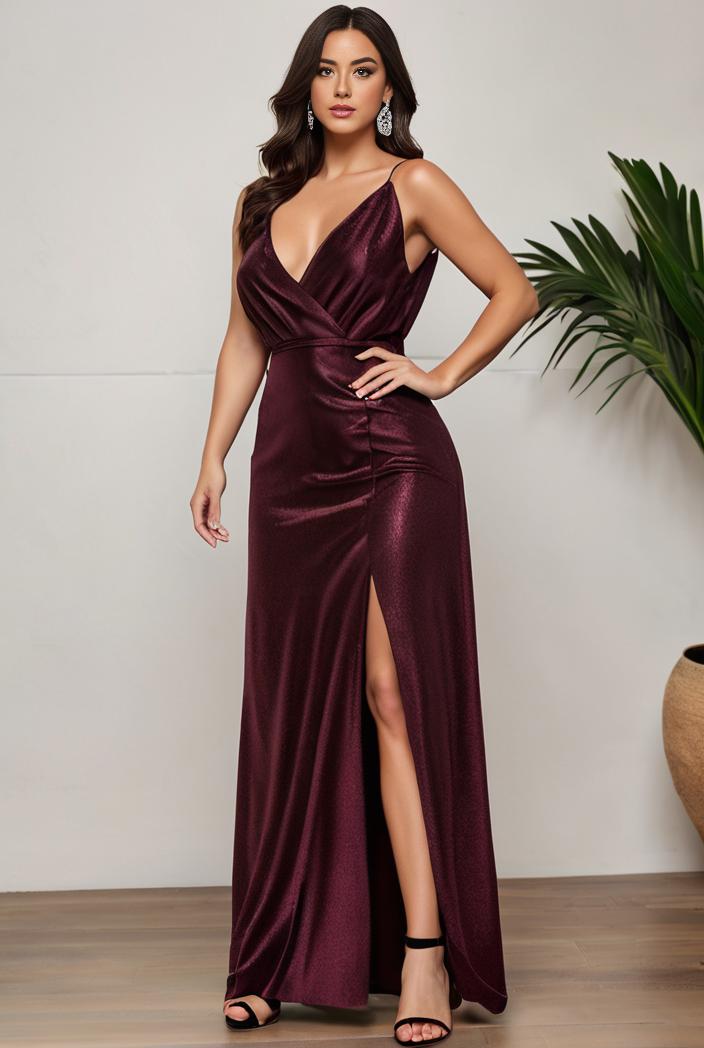 plus size shiny v neck side slit formal evening dress 121023