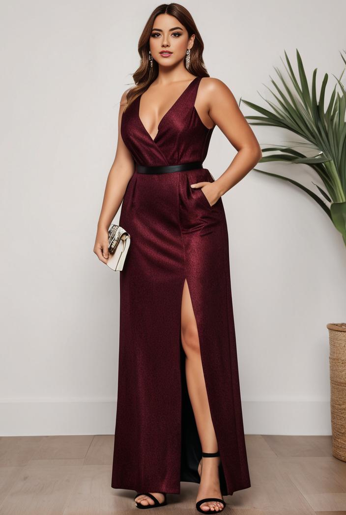 plus size shiny v neck side slit formal evening dress 121024