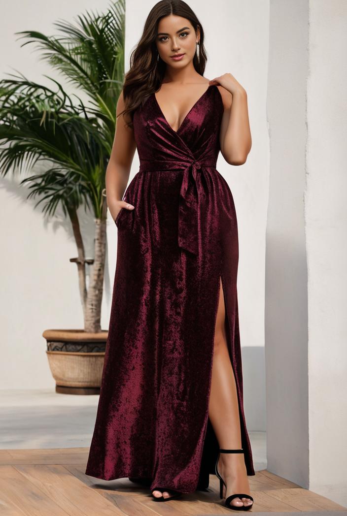 plus size shiny v neck side slit formal evening dress 121049