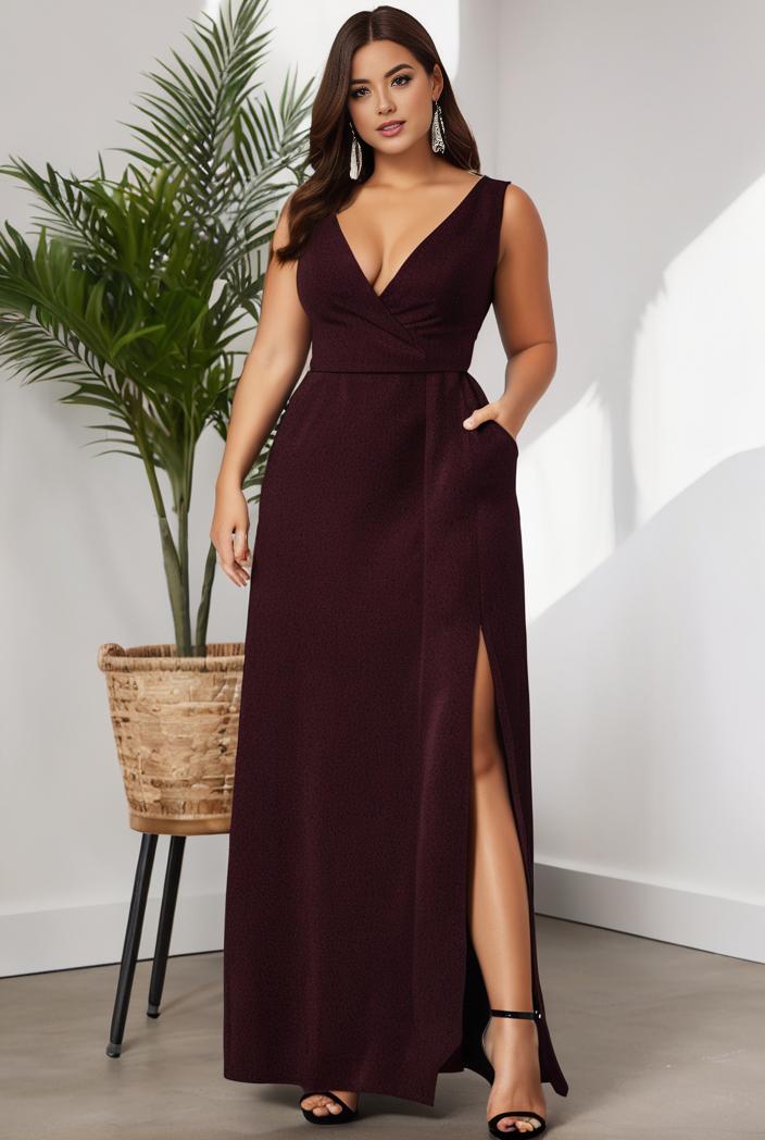 plus size shiny v neck side slit formal evening dress 121056