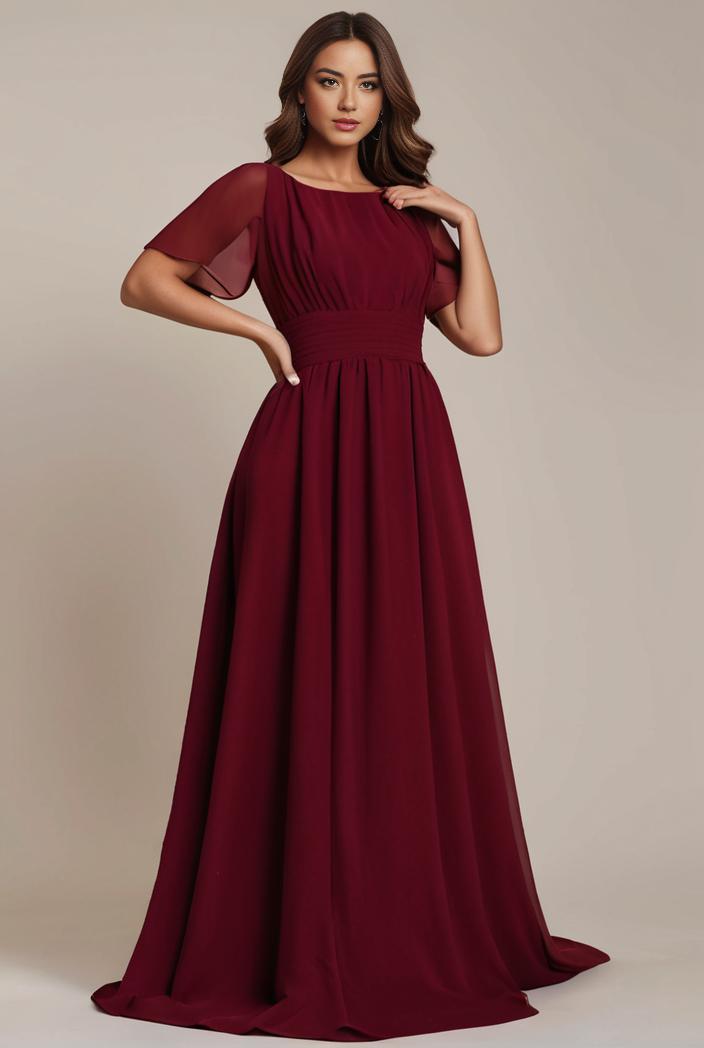 plus size simple chiffon pleated a line round neckline bridesmaid dress 121260