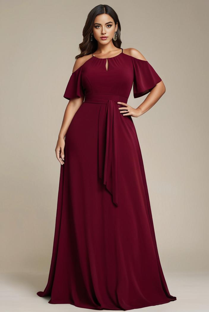 plus size simple chiffon pleated a line round neckline bridesmaid dress 121274