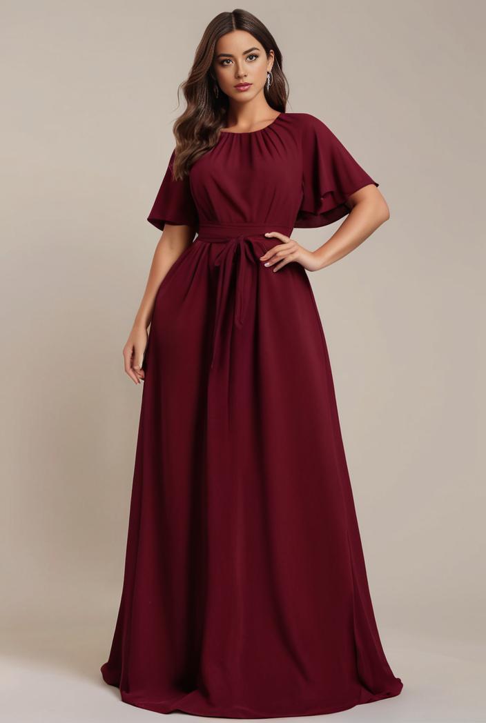 plus size simple chiffon pleated a line round neckline bridesmaid dress 121276