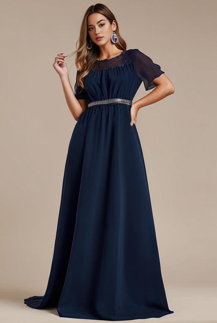 plus size simple chiffon pleated a line round neckline bridesmaid dress 121286