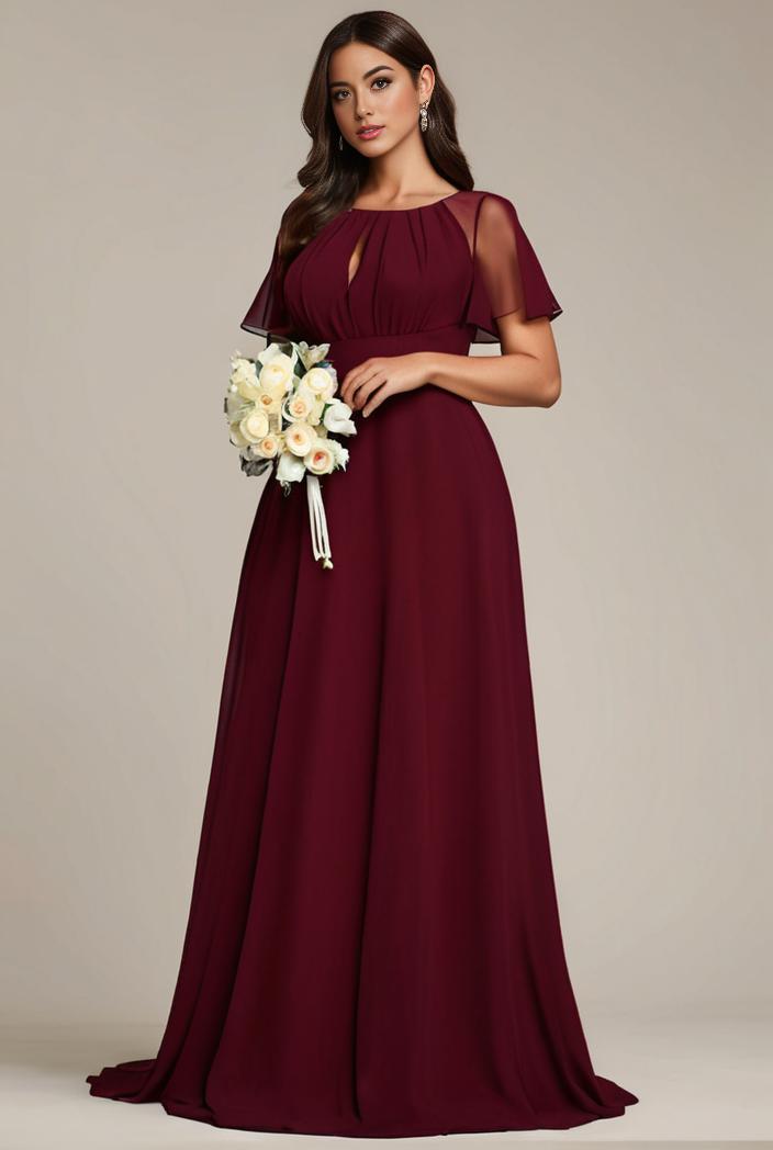plus size simple chiffon pleated a line round neckline bridesmaid dress 121295