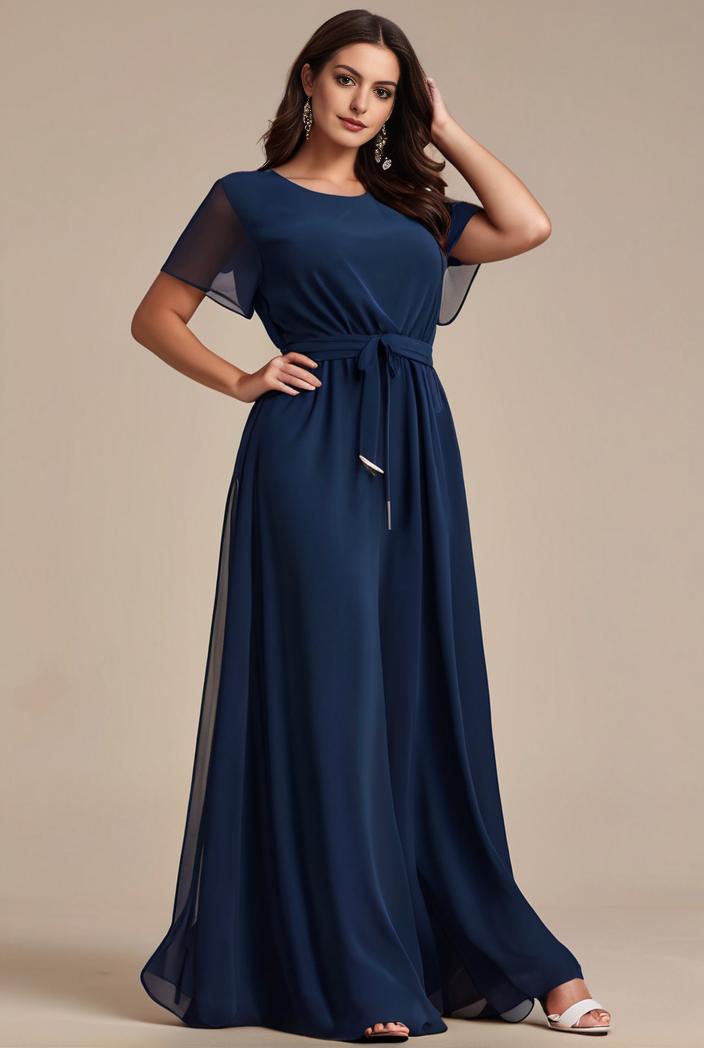 plus size simple chiffon pleated a line round neckline bridesmaid dress 113776